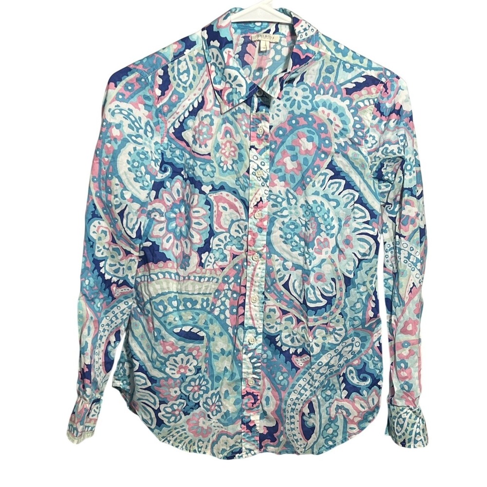 Talbots Petite P Small Blue Pink Paisley Floral Print Cotton Button Up Shirt Top